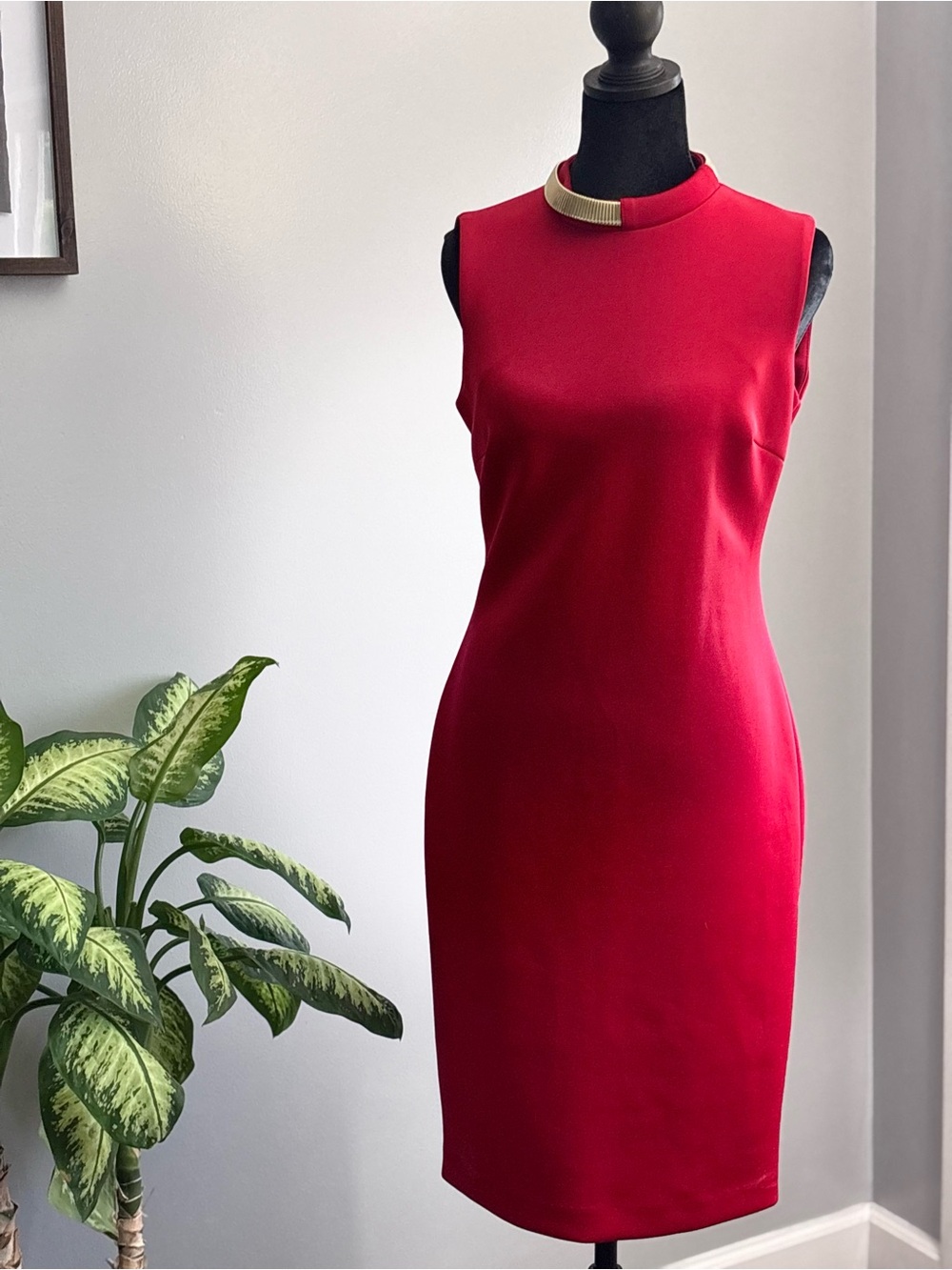 Calvin Klein Red Sleeveless Sheath Dress with Gold Collar Accent